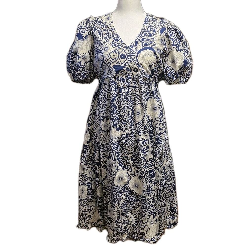 Umgee Medium Floral Midi Dress Light Flowy Empire Waist V-Neck Tropical Hawaiian